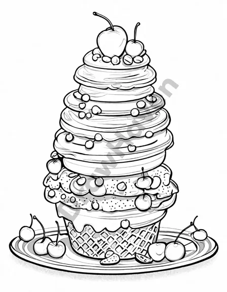 coloring page of a whimsical ice cream sandwich tower with various flavors and toppings in black and white