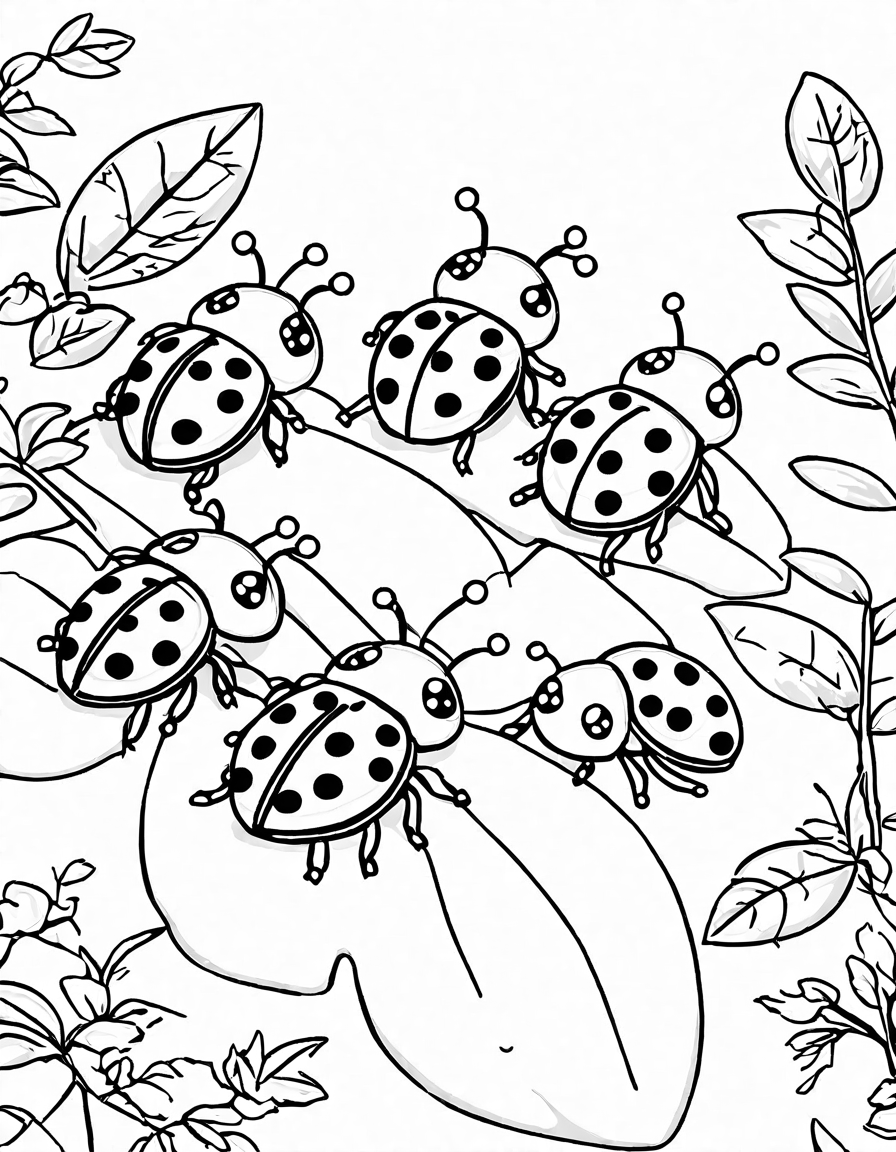 coloring page featuring three unique-patterned ladybugs on a detailed garden leaf with surrounding foliage in black and white