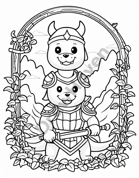 Coloring book image of knight in armor fighting dragon to rescue princess in vine-covered fortress at sunset in black and white