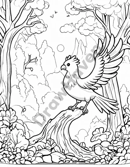 Coloring book image of majestic phoenix rebirth in enchanted forest surrounded by mystical creatures and twinkling trees in black and white