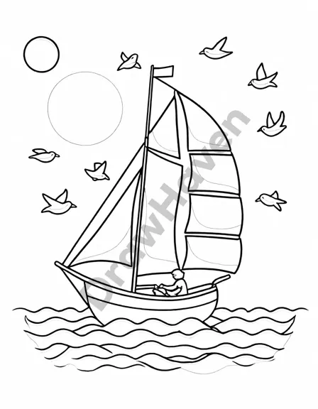 coloring book image of a sailboat on the ocean with birds, inviting personal color additions in black and white