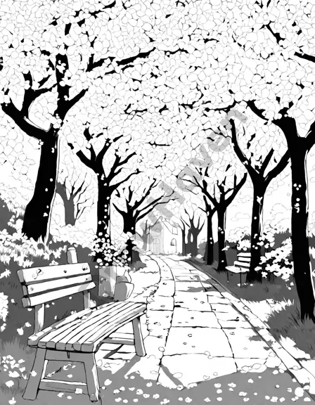 coloring book page featuring a serene cherry blossom garden with a bench and falling petals in black and white