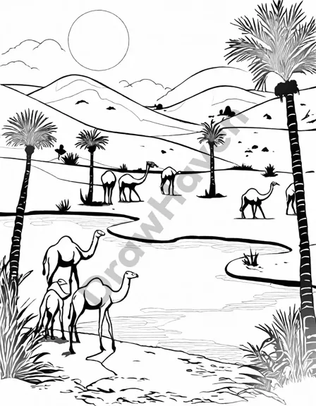 coloring page featuring an egyptian oasis with palm trees, camels, and ibises under a sunny sky in black and white