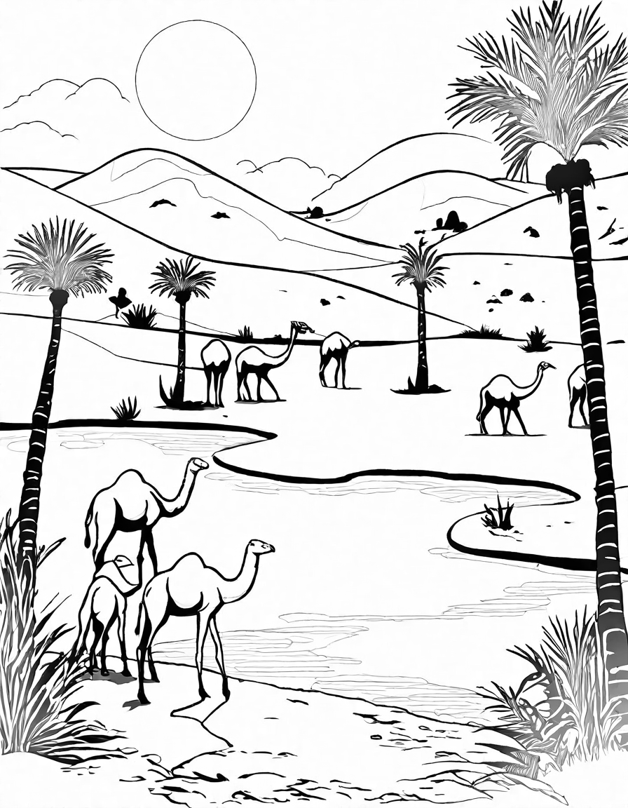 coloring page featuring an egyptian oasis with palm trees, camels, and ibises under a sunny sky in black and white