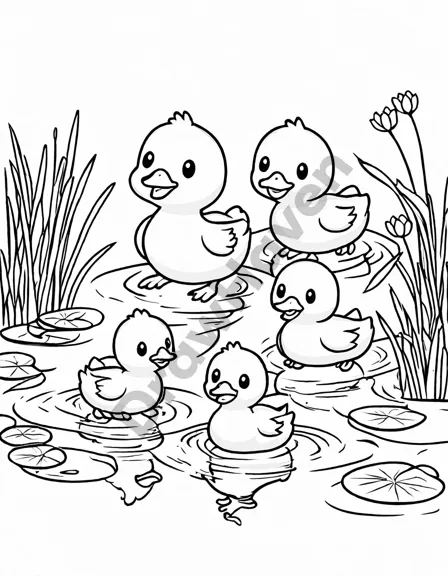 coloring page of ducklings playing in a pond with water lilies, promoting creativity in children in black and white