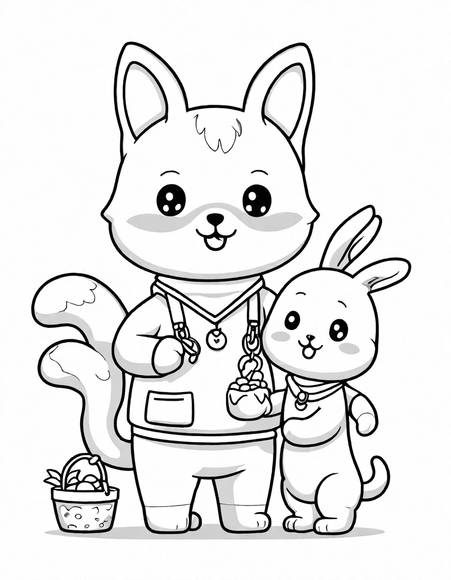 Coloring book image of charming pet shop scene with dedicated staff caring for furry companions: brushing a cat, feeding a puppy, and playing with a rabbit in black and white