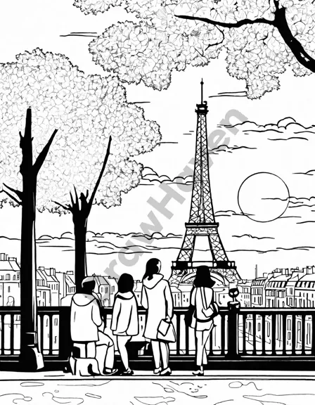 coloring page of the eiffel tower at sunset with vibrant orange, pink, and purple skies, tourists at the base, parklands, and cityscape in the background in black and white