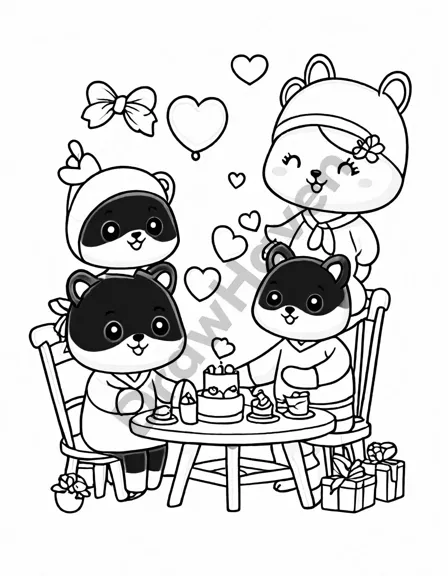 Coloring book image of friends crafting handmade valentines at a cluttered table filled with crafting materials in black and white