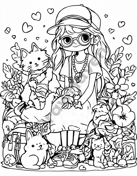 1970s bohemian chic coloring book page with a fashionably dressed figure in a maxi dress, feathered headband, accessories, and peace signs in black and white