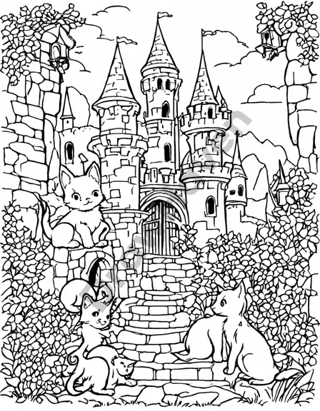 coloring book page featuring castle pets with accessories in a medieval castle setting in black and white