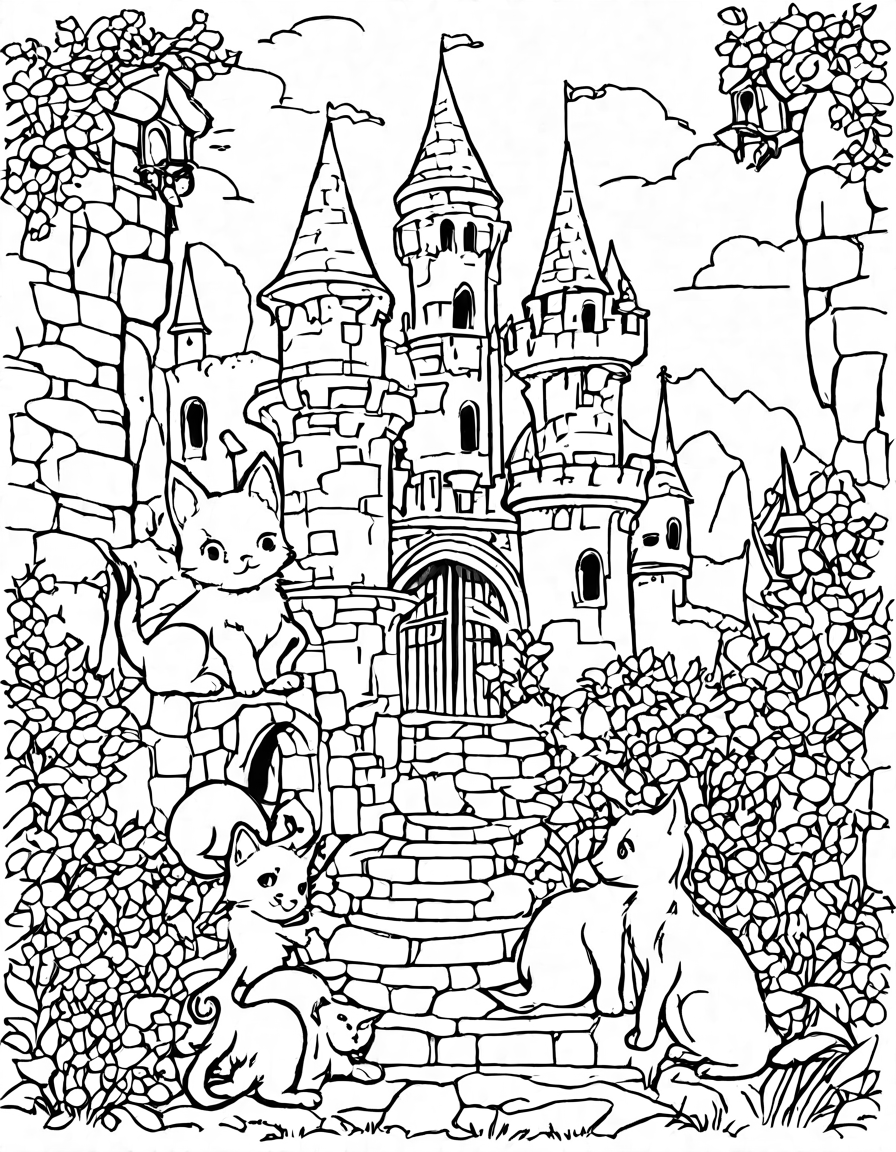 coloring book page featuring castle pets with accessories in a medieval castle setting in black and white