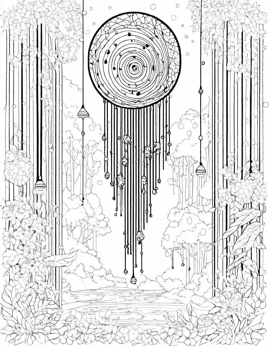 intricate wind chime coloring page with patterns dancing across metal tubes, capturing the soothing essence of music and nature in black and white