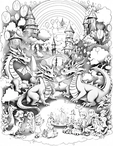 Coloring book image of enchanting dragon carnival with children and dragons playing games and enjoying aerial shows in black and white