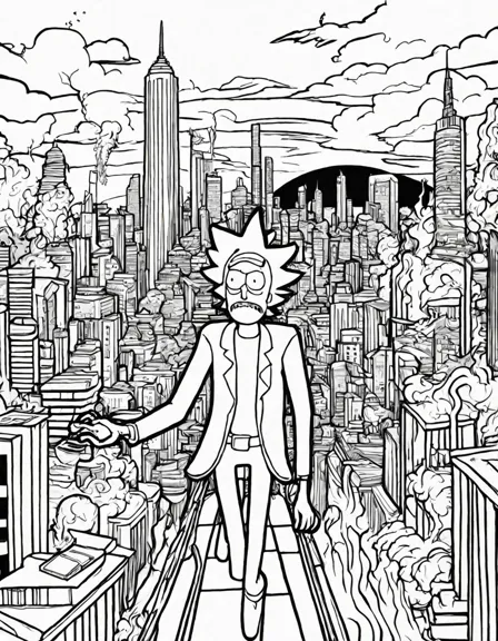 Coloring book image of rick and morty navigate the neon-lit, chaotic purge planet night in a scene of vibrant mayhem in black and white