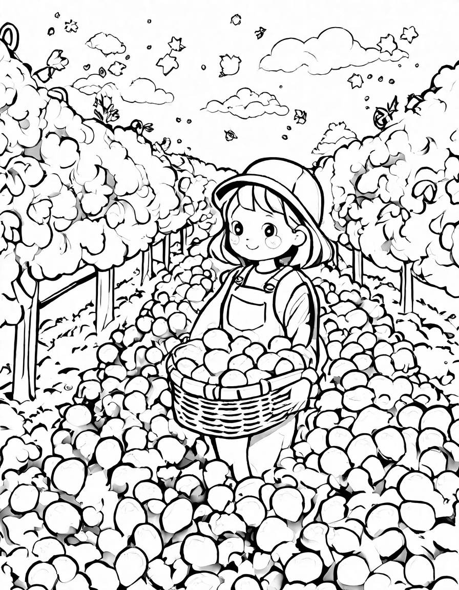 Coloring book image of golden hour view of grape harvesters filling baskets in a vineyard in black and white