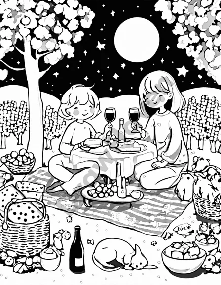 Coloring book image of serene vineyard picnic under starry night sky with cheese, wine, and blooming grapes in black and white