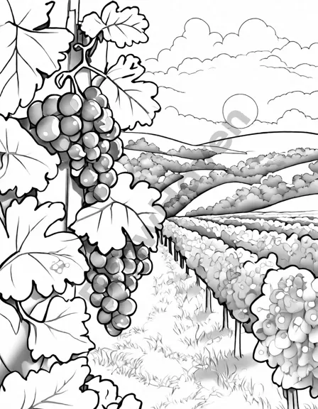 Coloring book image of golden dawn over a picturesque vineyard with rows of lush vines, leaves twinkling with dew in black and white