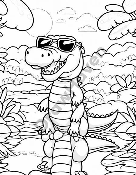 coloring book scene of a crocodile sunbathing at a zoo with exotic birds and tropical trees in black and white