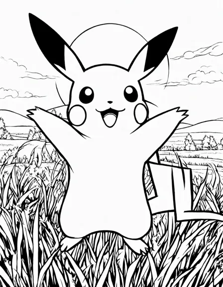 Coloring book image of pikachu in a vibrant field, cheeks aglow with electricity, sunset backdrop in black and white