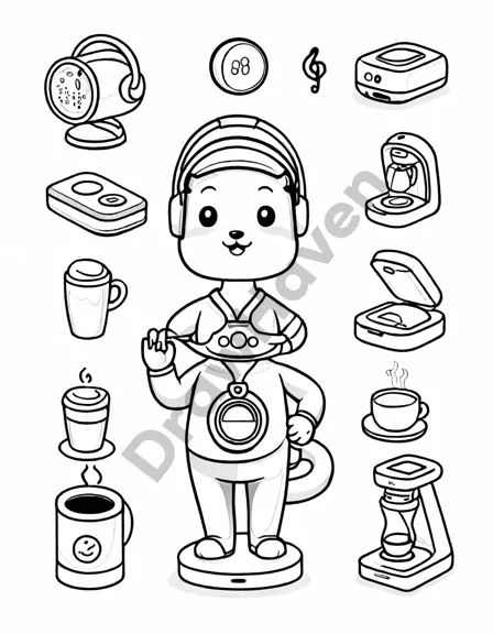 coloring book page of smart gadgets including a voice-activated coffee maker and robotic vacuum in black and white
