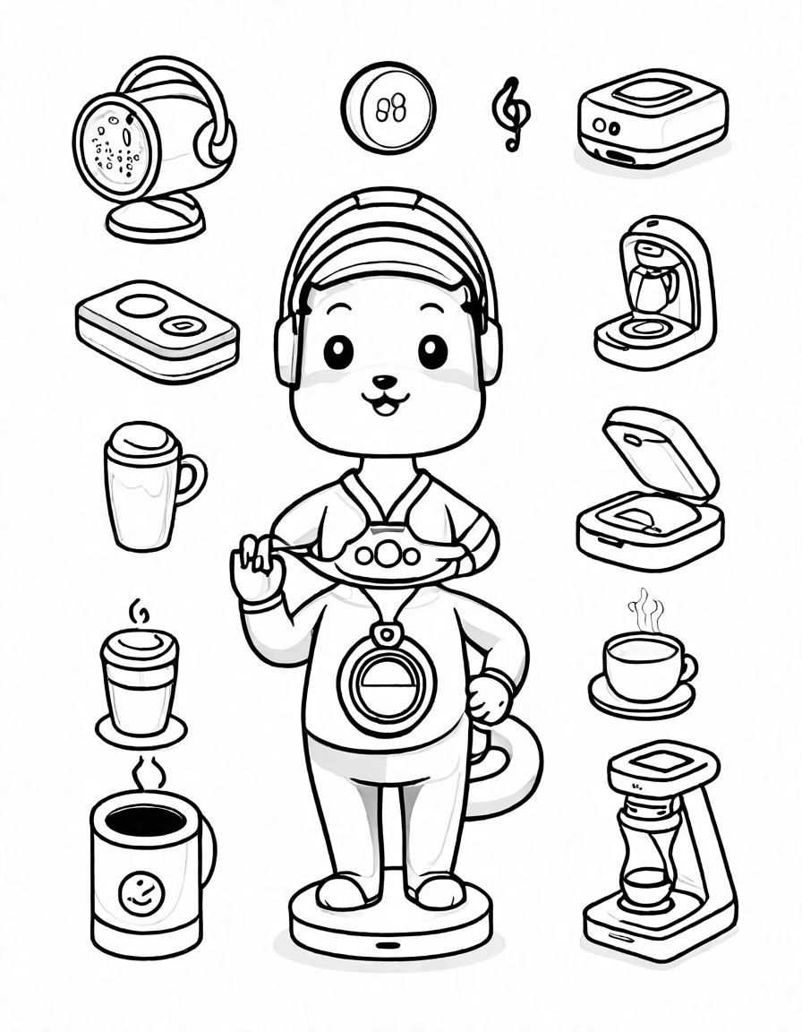 coloring book page of smart gadgets including a voice-activated coffee maker and robotic vacuum in black and white