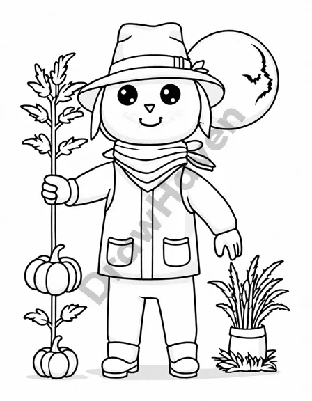 eerie halloween coloring page featuring a scarecrow in a moonlit cornfield in black and white