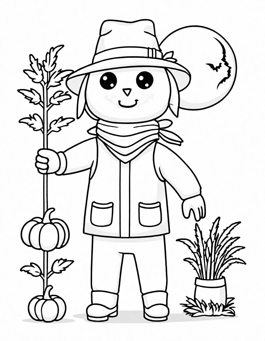eerie halloween coloring page featuring a scarecrow in a moonlit cornfield in black and white