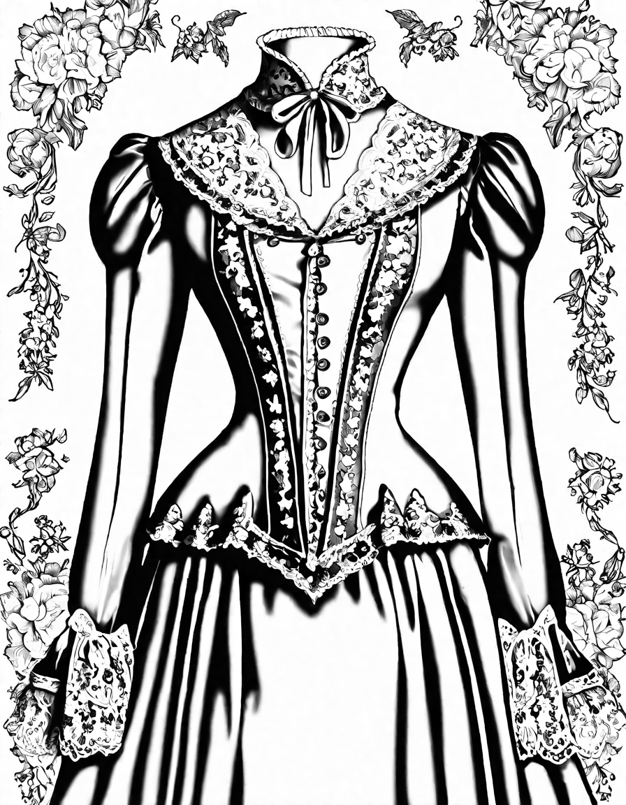 victorian gown coloring page with intricate lace, silk, and ribbons, inviting you to add your unique touch to elegant high collars and voluminous skirts in black and white