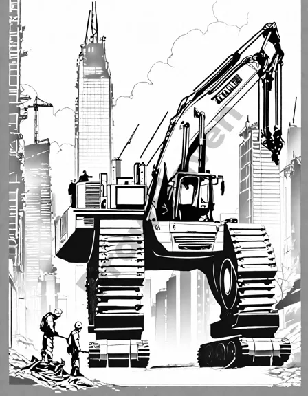 coloring book page featuring cranes, excavators, and bulldozers at a city construction site in black and white