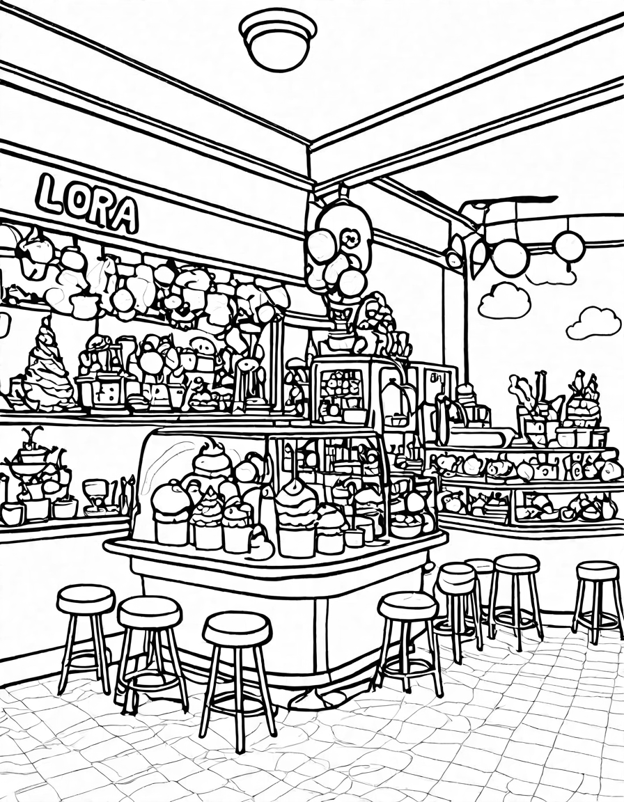 coloring book image of vintage sprinkles and smiles ice cream parlor scene with customers and server in black and white
