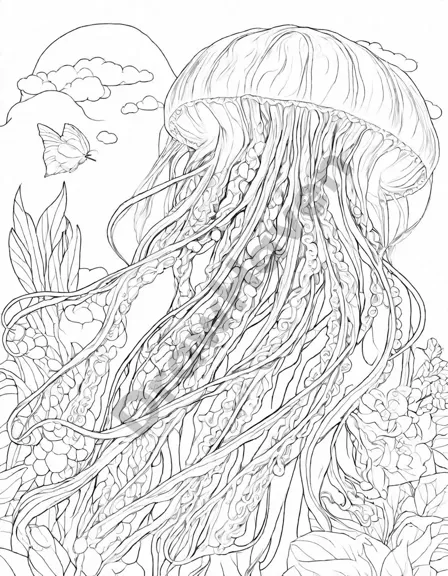 mesmerizing jellyfish coloring page featuring delicate tentacles and iridescent bodies, inviting imagination and creativity in black and white