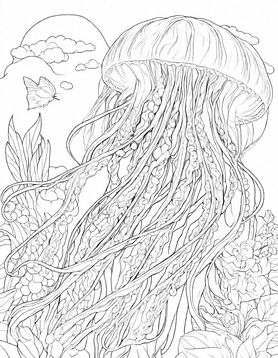 mesmerizing jellyfish coloring page featuring delicate tentacles and iridescent bodies, inviting imagination and creativity in black and white