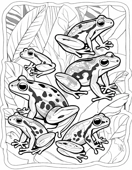 coloring book page of poison dart frogs in a rainforest, showcasing their vivid patterns in black and white