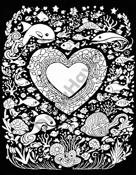 Coloring book image of intricate heart of the ocean mandala design with aquatic motifs and heart-shaped centerpiece in black and white