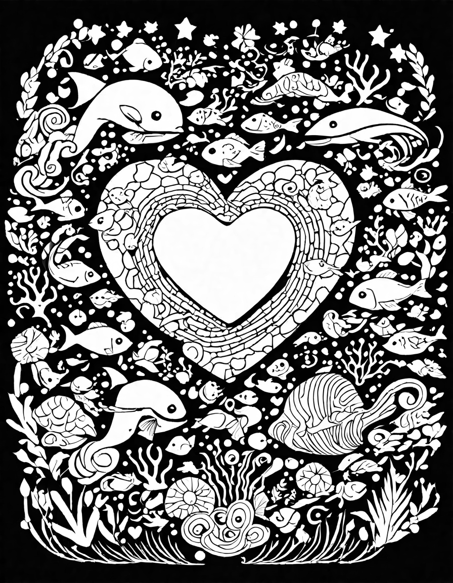 Coloring book image of intricate heart of the ocean mandala design with aquatic motifs and heart-shaped centerpiece in black and white