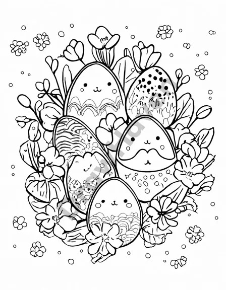 coloring page with intricately designed easter eggs and blooming lilies in black and white