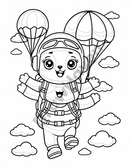 skydiving coloring page featuring skydiver exiting plane into vibrant sky with clouds in black and white