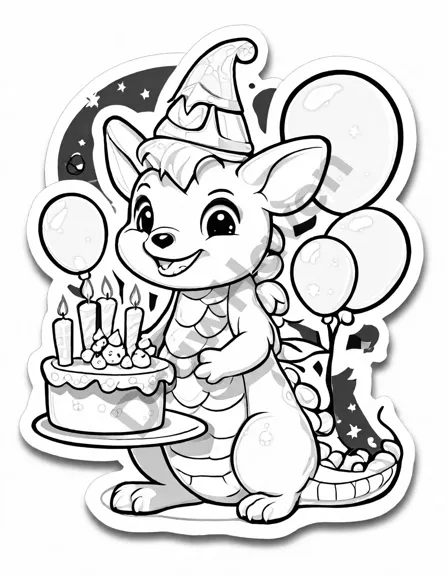 Coloring book image of jovial dragon celebrating a birthday with fairies and mice, in a cave decorated with gemstones and a giant cake in black and white