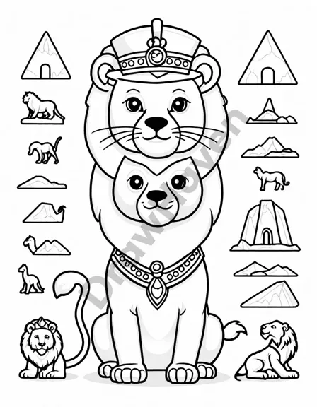 Coloring book image of majestic sphinx with pharaoh's head overlooking the desert with pyramids in the background in black and white