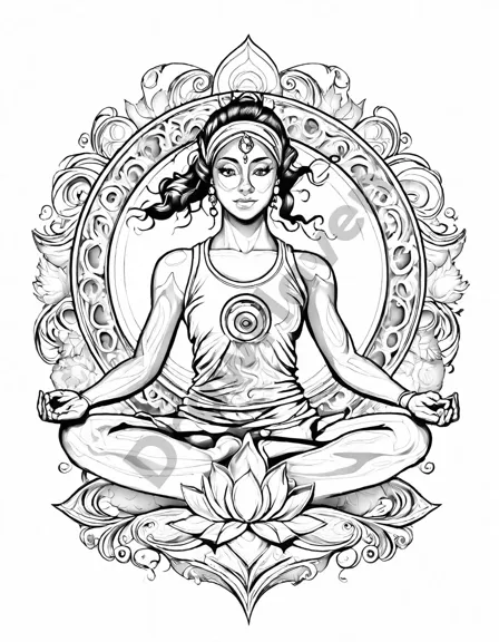 dancing warrior coloring page, featuring a graceful figure in a flowing pose surrounded by floral patterns, capturing empowerment and tranquility in black and white
