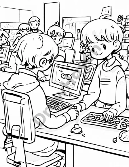 coloring page of a lively computer lab with students, various projects on screens, and a robot assistant in black and white