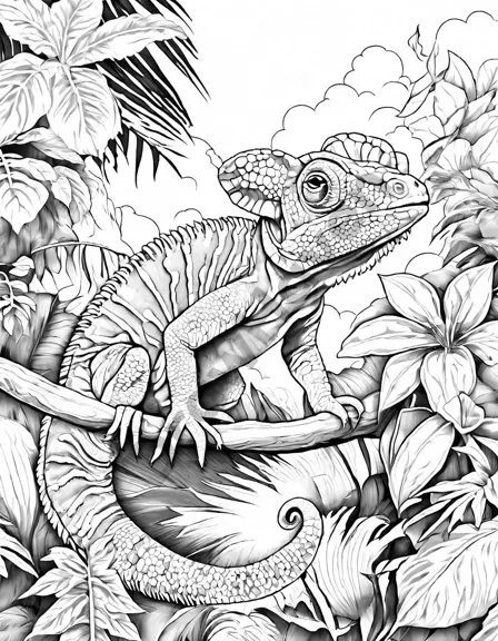 Coloring book image of colorful chameleons camouflaged in a lush tropical forest scene with exotic plants in black and white