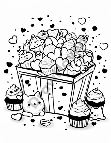 valentine's day coloring book page featuring heart-shaped chocolates and candied roses in a gift basket in black and white