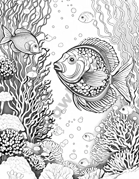 school of rainbow fish coloring page with iridescent scales in underwater scene for creative artists in black and white