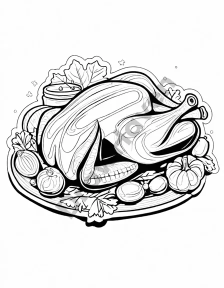 Coloring book image of colorful thanksgiving feast with turkey, sides, pumpkin pies, and rolls on a table in black and white