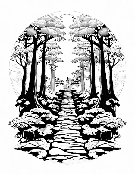 tranquil forest coloring book page with winding path, ancient stones, mystical trees, and soft glowing light for inner peace and reflection in black and white