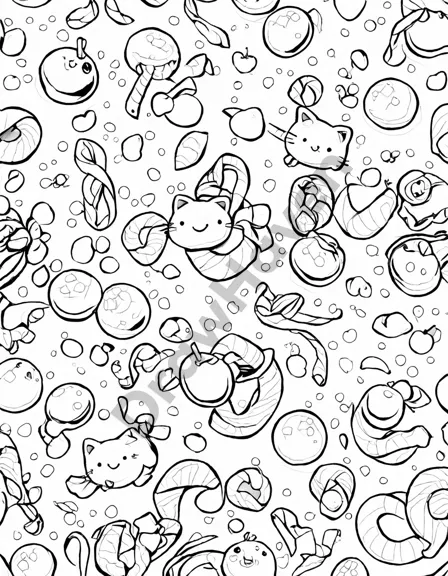 whimsical coloring page featuring vibrant sugarplums and ribbons, perfect for expressing creativity and capturing the essence of a sugary dream in black and white