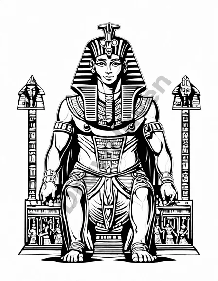 ancient egyptian pharaoh's regal procession with priests, warriors, and pyramids on a coloring book page in black and white