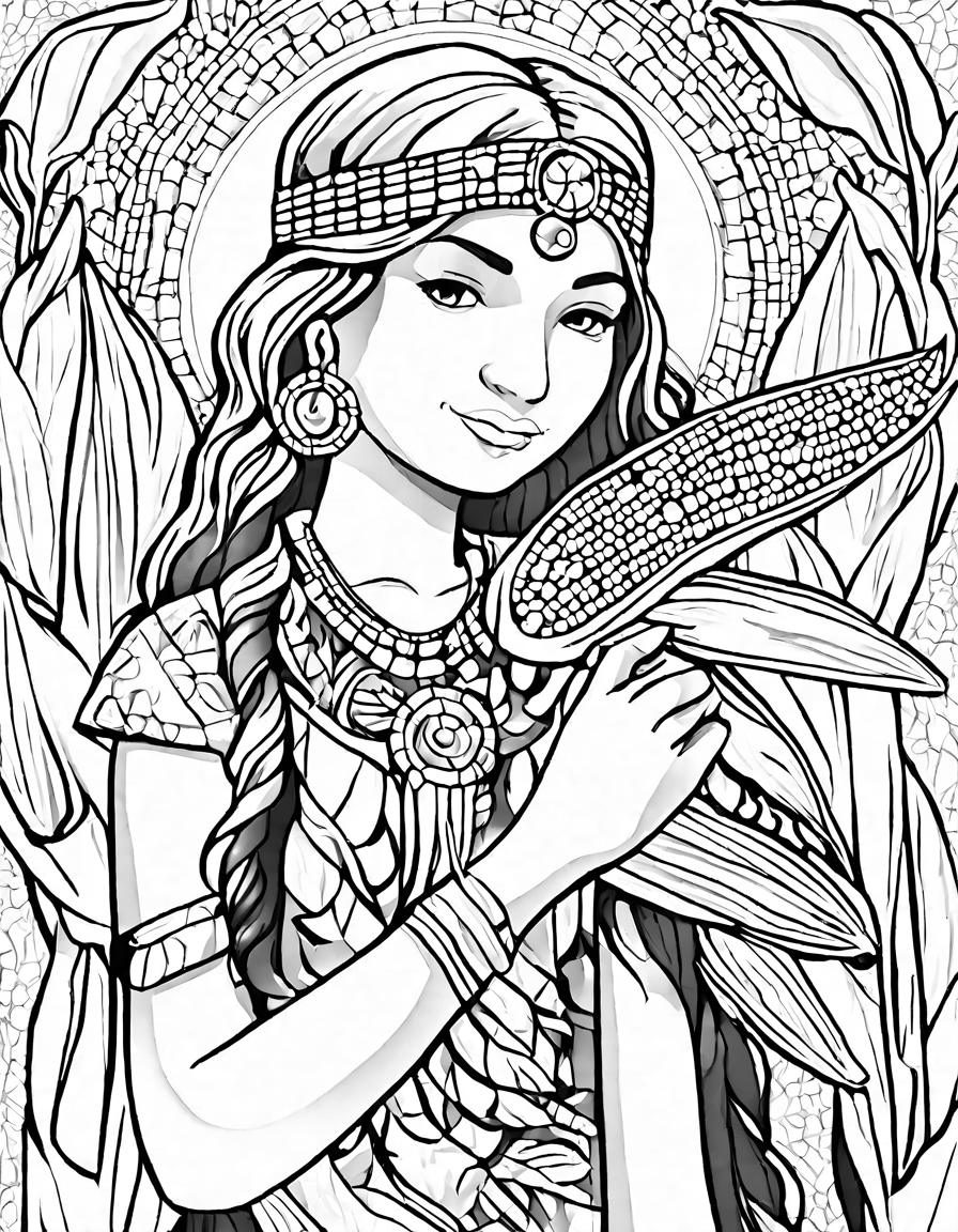 Coloring book image of intricate native american mural depicts sacred corn mother, symbolizing sustenance and guidance in black and white