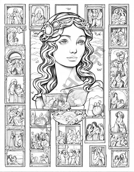 Coloring book image of renaissance art collection featuring famous masterpieces in vibrant colors, including botticelli's birth of venus and leonardo's mona lisa in black and white